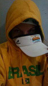 Me sporting the Brasil sweatshirt waiting in the terminal hours before the marathon start