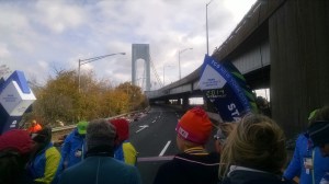 Start Line! Check out all the tossed clothing to the side! We saw this solid for the first 3 mi of the race! Except for on the windy Verrazano-Narrows bridge.