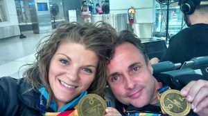 Sebastian and I, and our medals, at 2:45 am Monday morning. He made sure I got on the train safe!